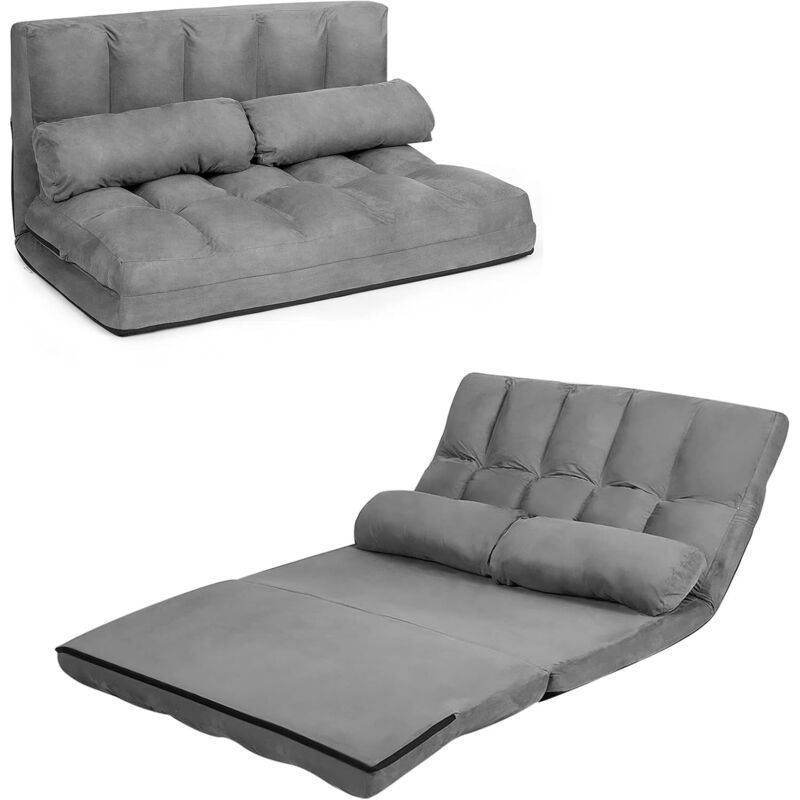 foto del prodotto divano 2 posti trasformabile in letto con 2 cuscini da pavimento, design pieghevole e salvaspazio e schienale regolabile in 6 livelli grigio 