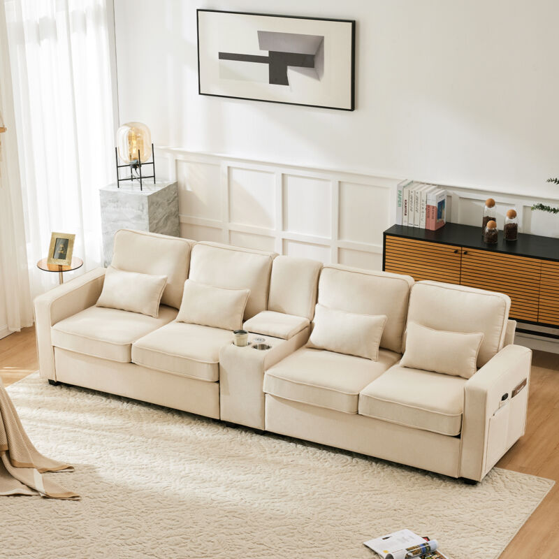 foto del prodotto divano 290x83x88 cm 4 posti con console, 2 portabicchieri, tasche bracciolo e 4 cuscini, usb, lino, beige
