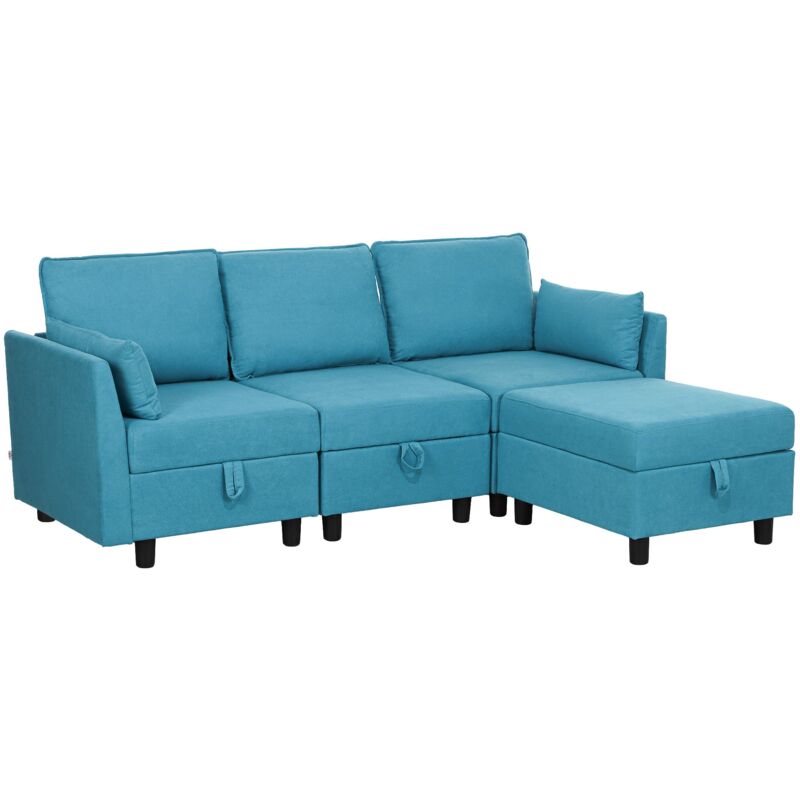 foto del prodotto divano 3 posti componibile modulare con pouf poggiapiedi e cuscini 213x156x88 cm blu