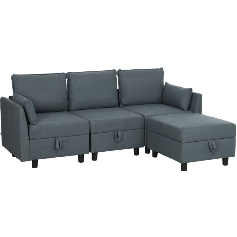 foto del prodotto divano 3 posti componibile modulare con pouf poggiapiedi e cuscini 213x156x88 cm grigio scuro