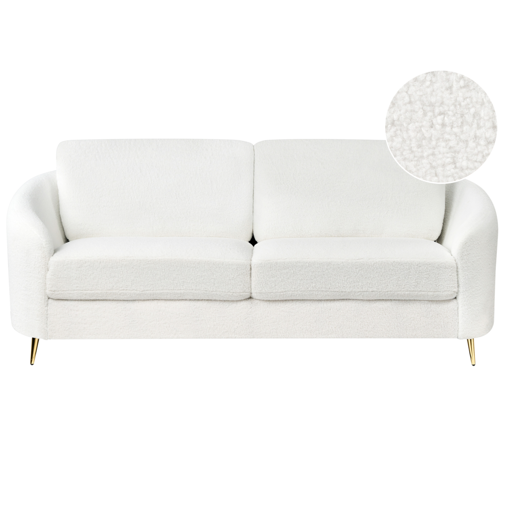 foto del prodotto divano 3 posti in tessuto boucl bianco con piedi dorati curve morbide stile glamour elegante soggiorno
