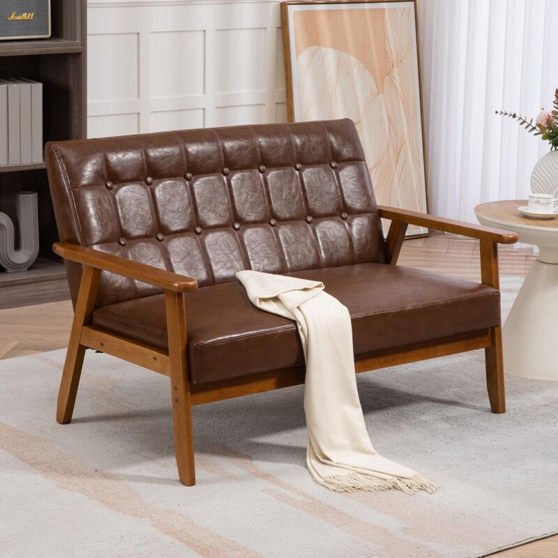 foto del prodotto divano a 2 posti in pu, poltrona a due posti in legno massello per soggiorno, camera da letto, ufficio, design vintage, 114 x 73,5 x 75 cm, marrone