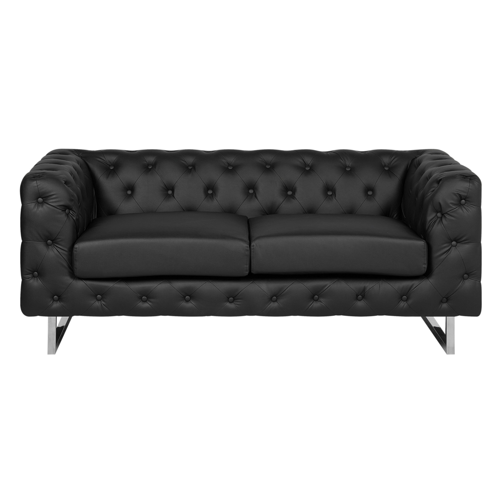 foto del prodotto divano a 2 posti in stile chesterfield con braccioli da smoking neri con bottoni sul retro gambe argentate in ecopelle