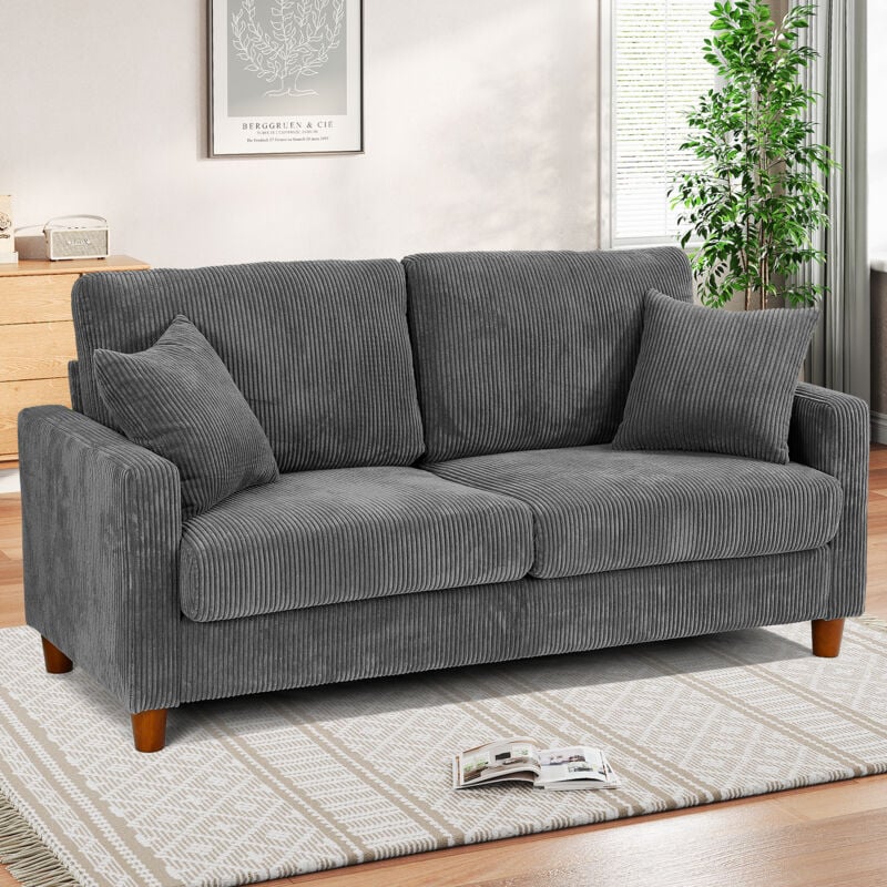 foto del prodotto divano a 2 posti in velluto a coste, grande divano dritto moderno imbottito con sedute extra profonde da 56 cm 2 cuscini 178x76x89 cm grigio