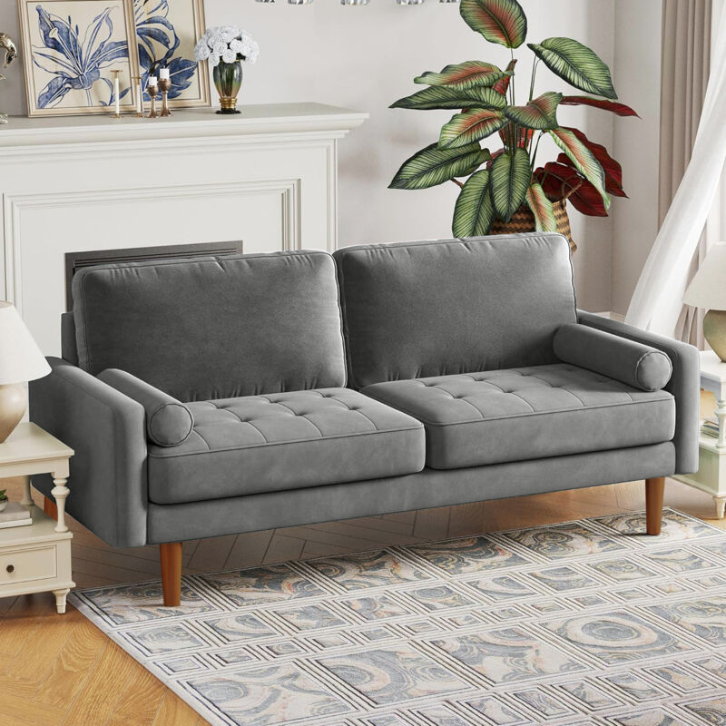 foto del prodotto divano a 3 posti dritto per soggiorno con braccioli moderni in velluto, divano a due posti con braccioli arrotolati, 173 l x 77 p x 86 a cm, grigio