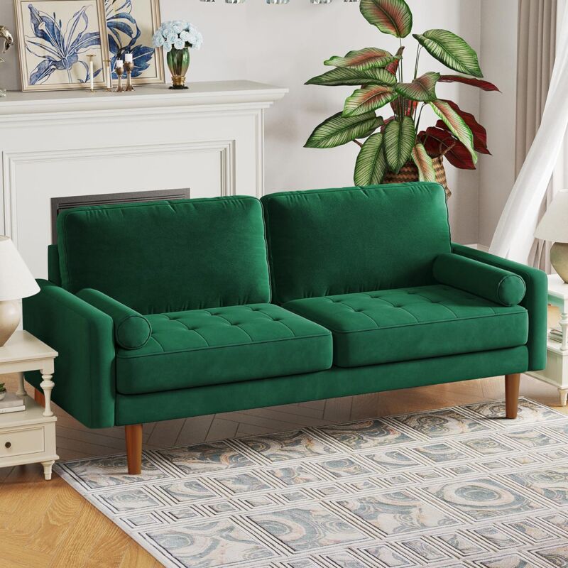 foto del prodotto divano a 3 posti dritto per soggiorno con braccioli moderni in velluto, divano a due posti con braccioli arrotolati, 173 l x 77 p x 86 a cm, verde