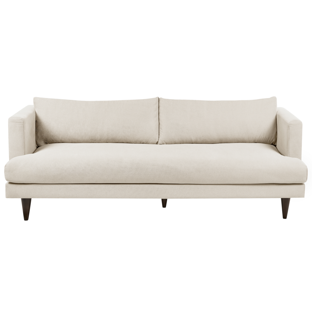 foto del prodotto divano a 3 posti in tessuto beige chiaro gambe in legno scuro soggiorno in stile moderno