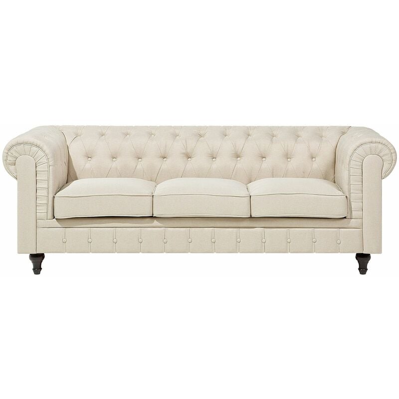 foto del prodotto divano a 3 posti in tessuto beige con braccioli moderno chesterfield