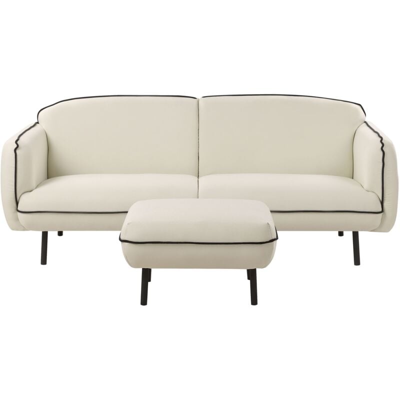 foto del prodotto divano a 3 posti retro glam art deco con poggiapiedi ottomano rivestimento in tessuto gambe in metallo bordi neri soggiorno beige chiaro tonsberg