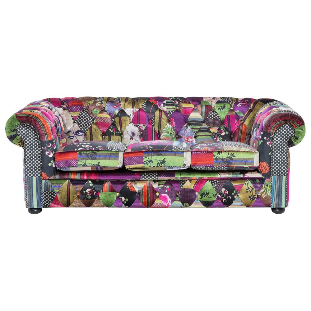 foto del prodotto divano a 3 posti tessuto multicolore braccioli a voluta con inserti porpora patchwork eclettico