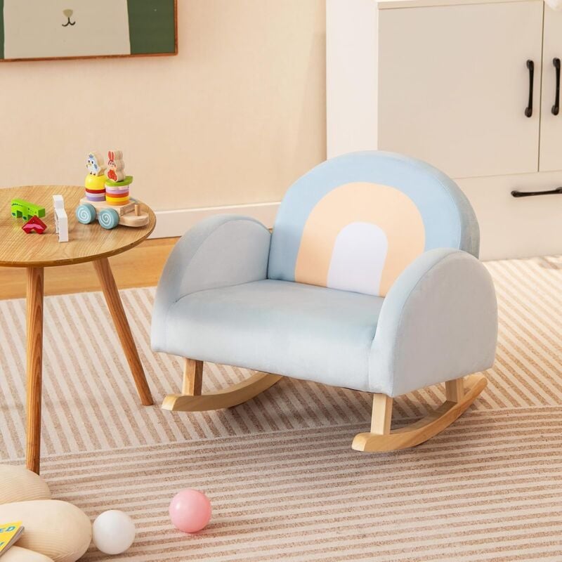 foto del prodotto divano a dondolo per bambini 3 5 anni, gamba in legno massello, poltrona imbottita, carini per cameretta, asilo nido e sala giochi, blu goplus