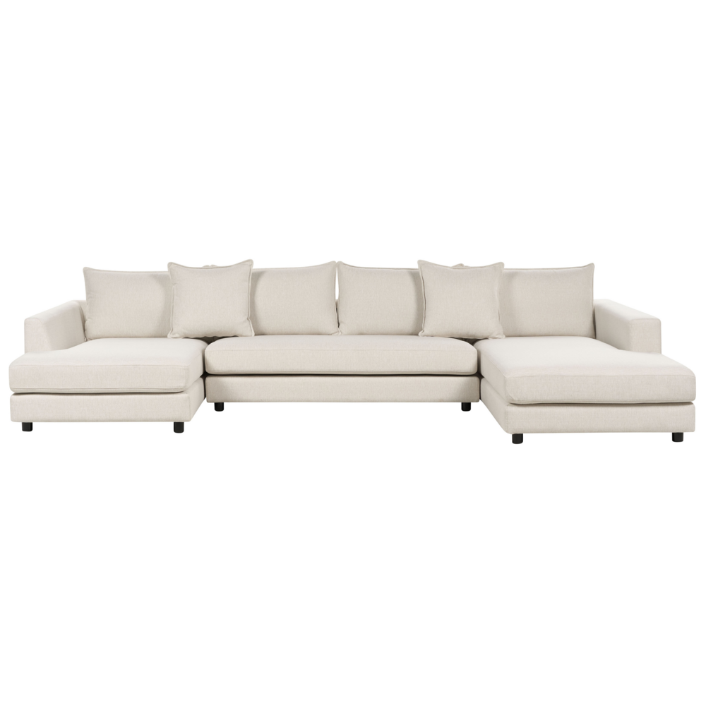 foto del prodotto divano ad angolo beige chiaro tappezzato in poliestere moderno a u 5 posti con pouf cuscini extra schienale imbottito