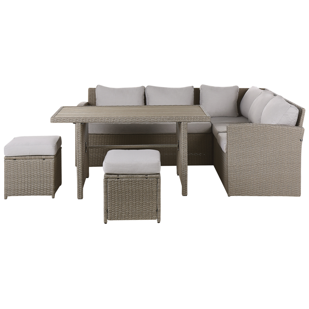 foto del prodotto divano ad angolo da giardino set grigio rattan sintetico taupe cuscini divano a 5 posti tavolo 2 ottomani set da pranzo all'aperto