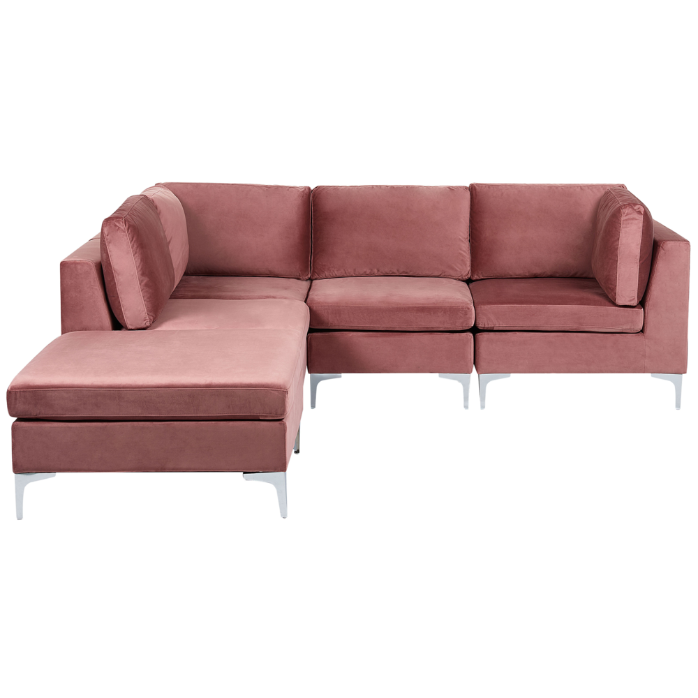 foto del prodotto divano ad angolo modulare versione destra con ottomana in velluto rosa 4 posti gambe in metallo argento a forma di l stile glamour