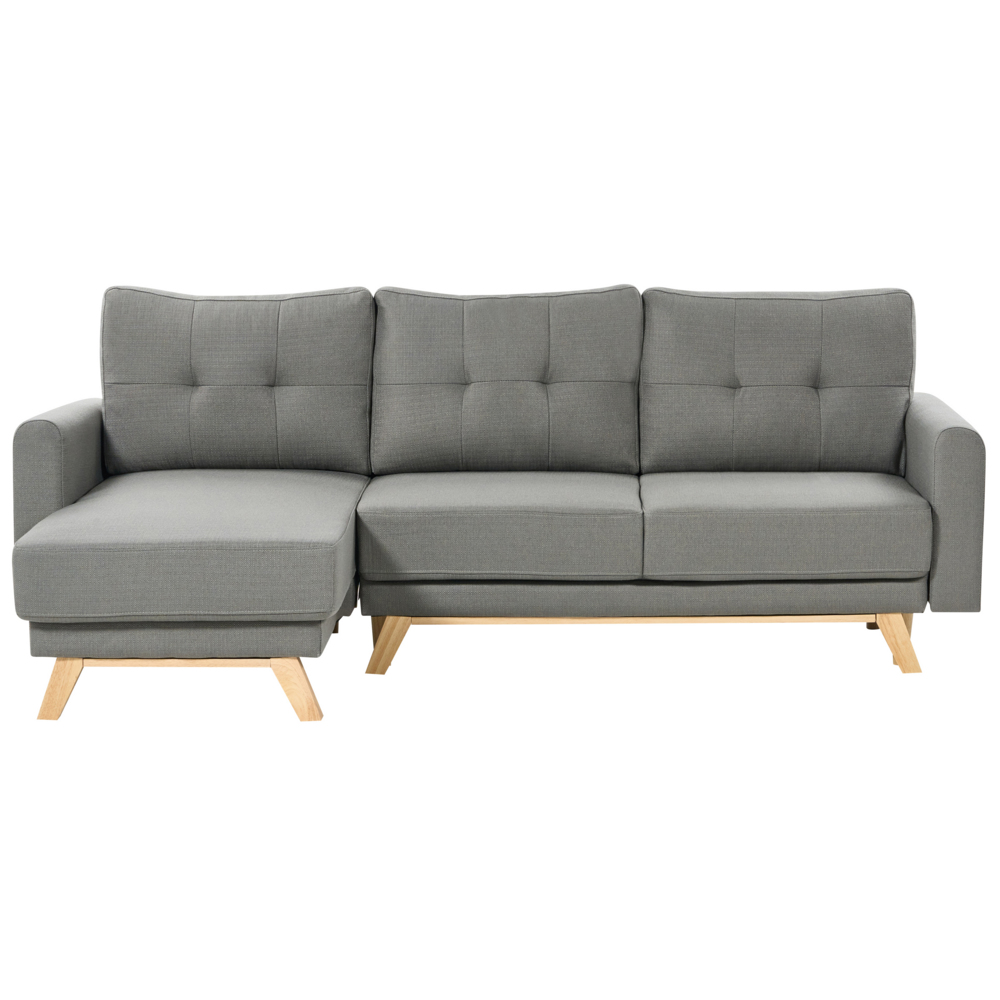 foto del prodotto divano angolare 3 posti destro imbottito in tessuto beige con funzione di dormiente e schienale imbottito estraibile gambe in legno