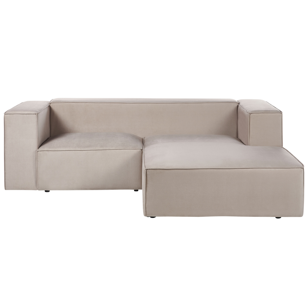 foto del prodotto divano angolare a 2 posti a sinistra in tessuto grigio talpa con braccioli imbottiti stile minimalista