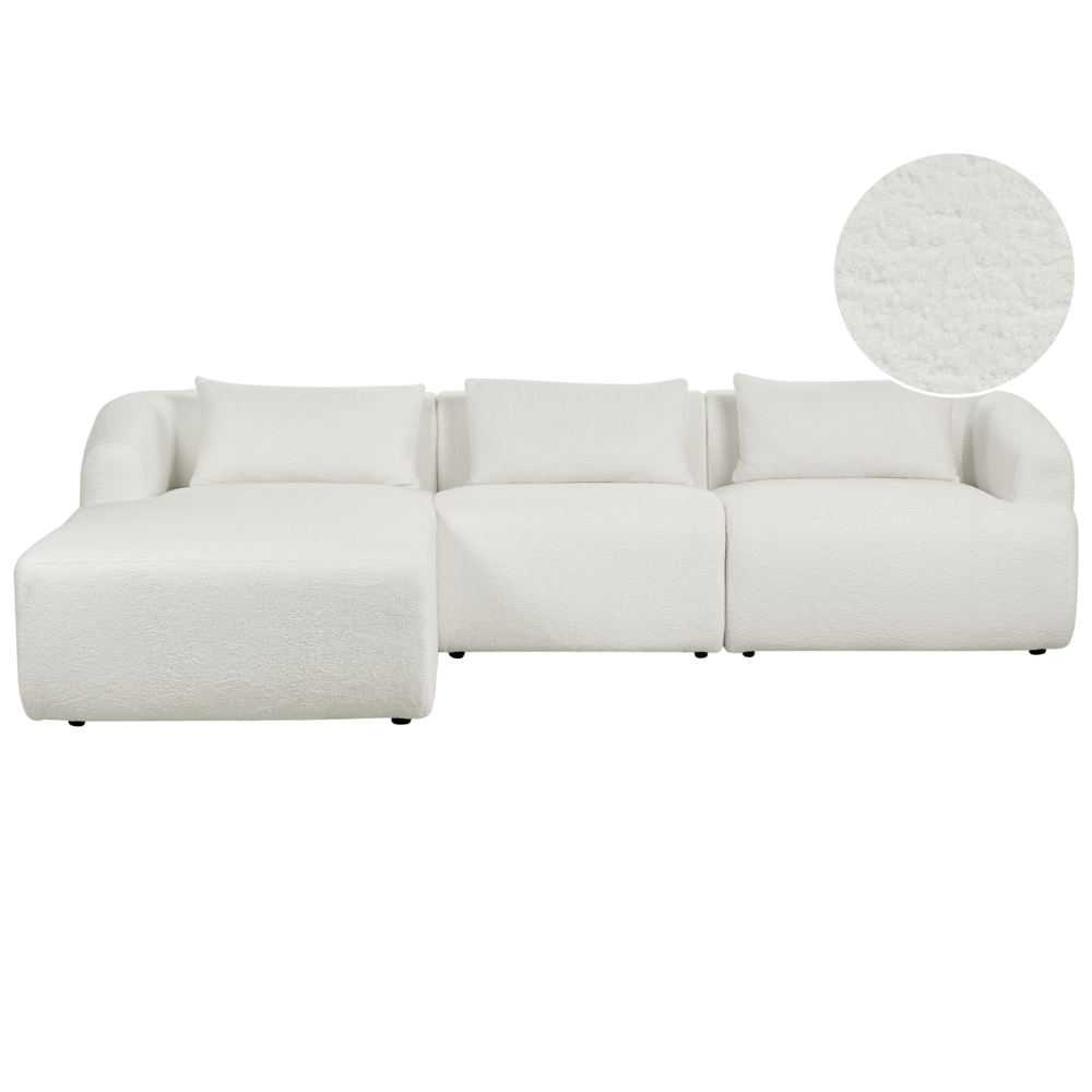 foto del prodotto divano angolare a 3 posti a destra tessuto bianco braccioli imbottiti a binario cuscini aggiuntivi stile moderno minimalista