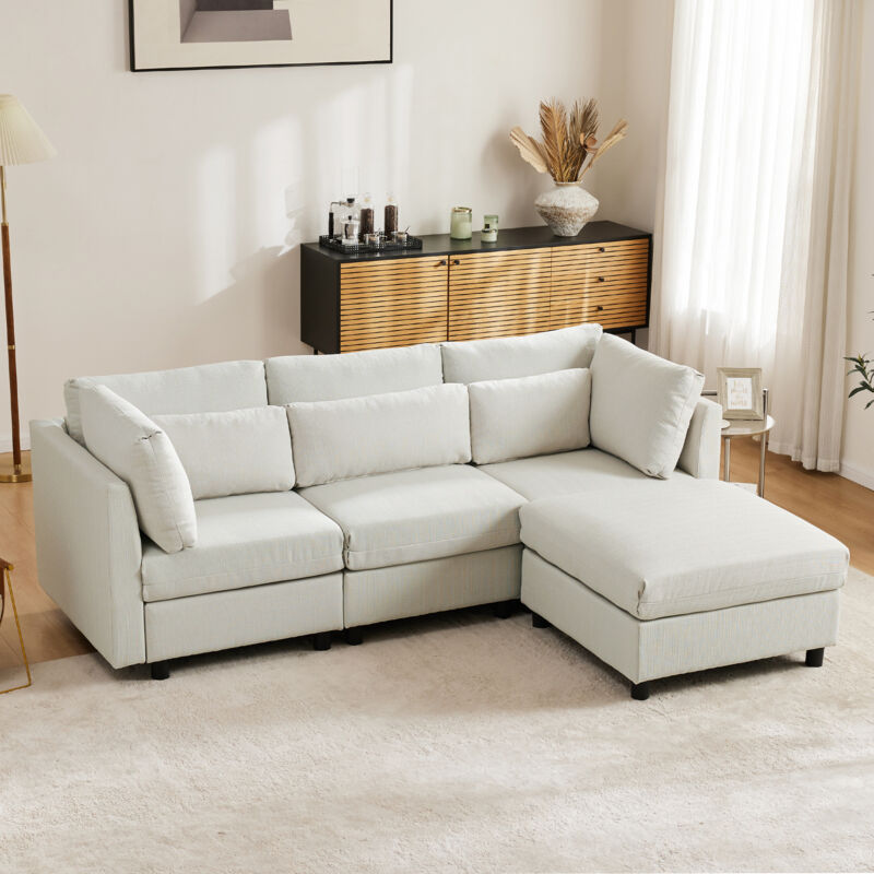 foto del prodotto divano angolare a l, divano 3 4 posti con cuscini per soggiorno, divano per soggiorno, tessuto di lino, 220x83x81cm, beige