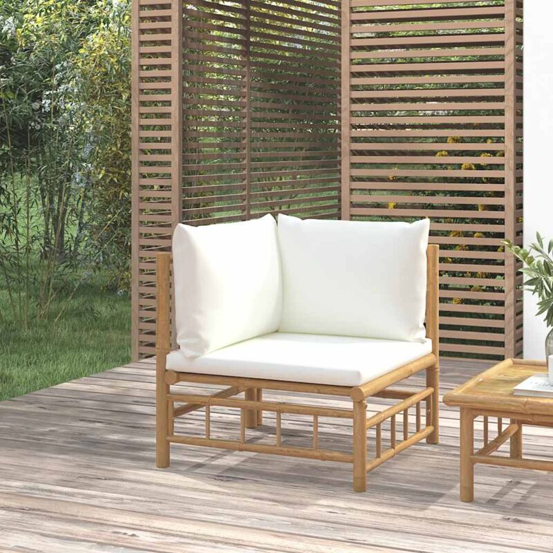 foto del prodotto divano angolare da giardino con cuscini bianco crema in bamb 