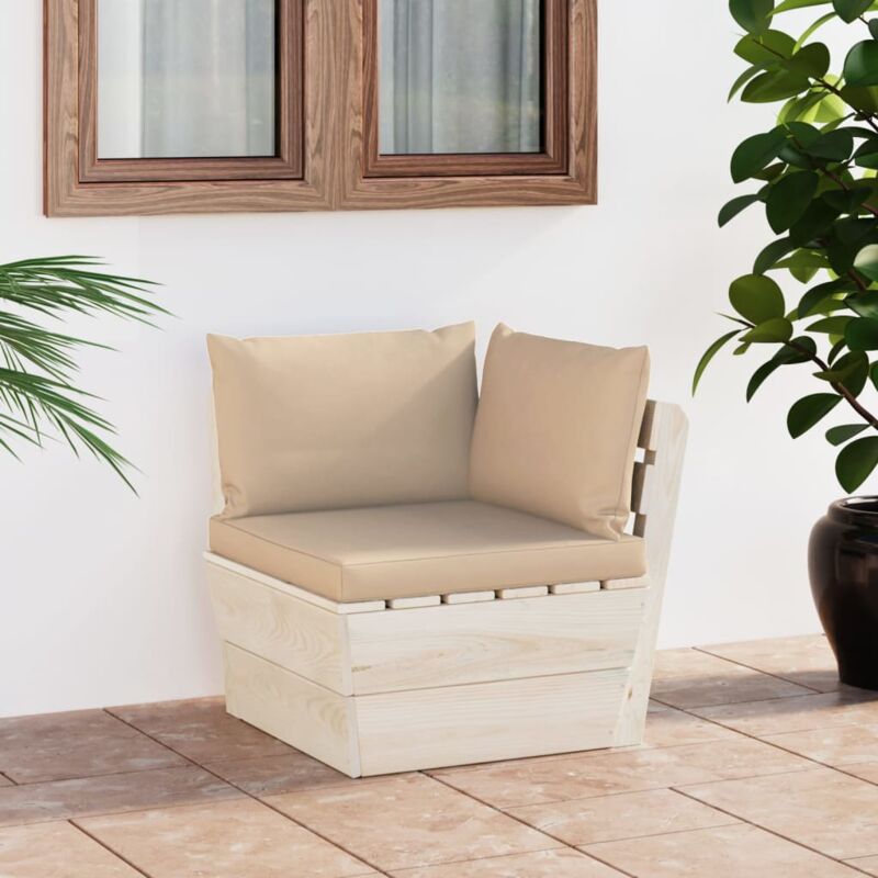 foto del prodotto divano angolare da giardino su pallet e cuscini legno di abete