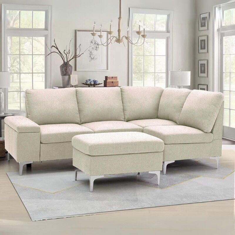 foto del prodotto divano angolare destro tessuto beige con bracciolo porta oggetti 218x172x87h dina
