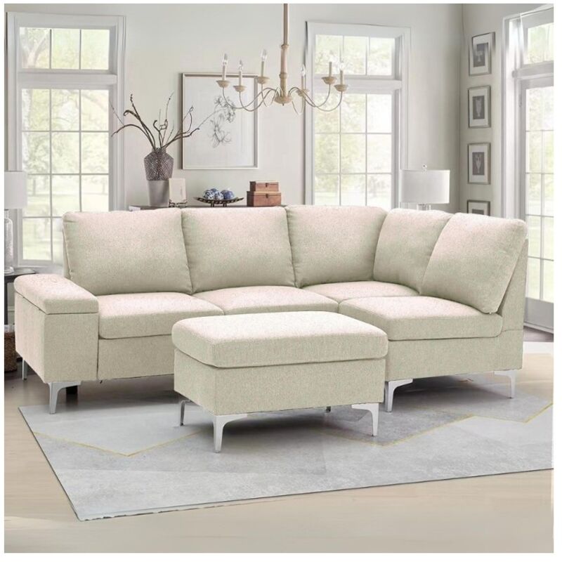 foto del prodotto divano angolare destro tessuto beige dina con bracciolo porta oggetti 218x172x87h