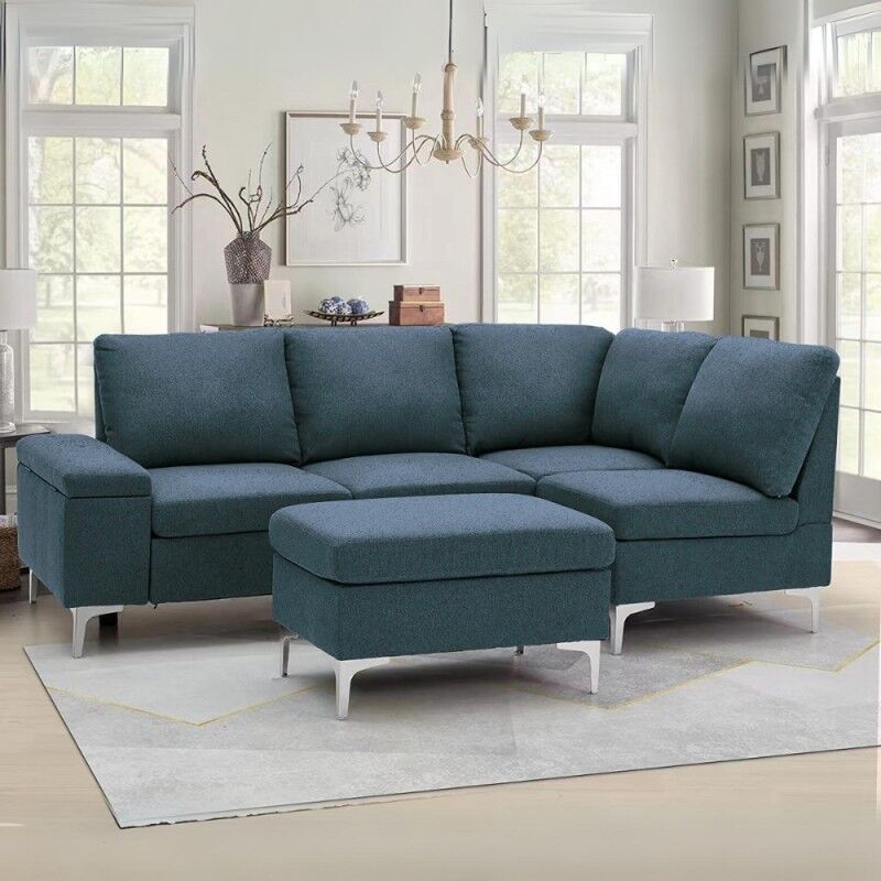 foto del prodotto divano angolare destro tessuto grigio blu con bracciolo porta oggetti 218x172x87h dina