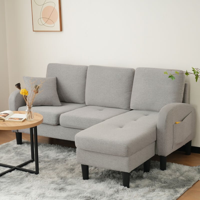 foto del prodotto divano angolare, divano 3 posti, tessuto cotone e lino, piedini in plastica, per soggiorno, appartamento e ufficio, grigio
