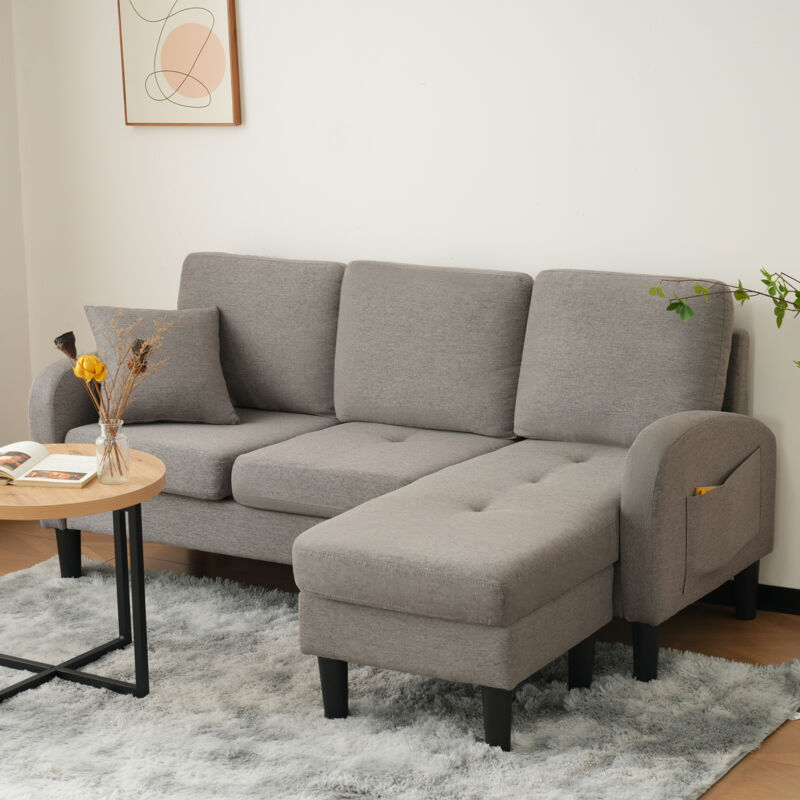 foto del prodotto divano angolare, divano a 3 posti, tessuto di cotone e lino, gambe in plastica, per soggiorno, appartamento e ufficio, grigio scuro