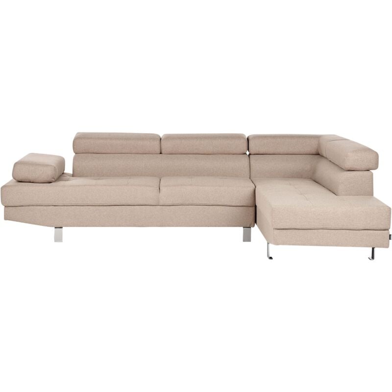 foto del prodotto divano angolare in tessuto beige con poggiatesta e braccioli regolabili a forma di l
