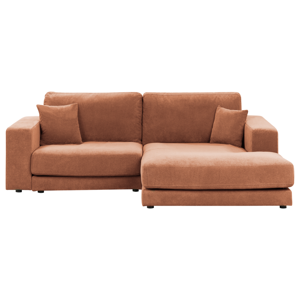 foto del prodotto divano angolare lato sinistro in tessuto imbottito rosso chiaro con cuscini 3 posti stile moderno minimalista