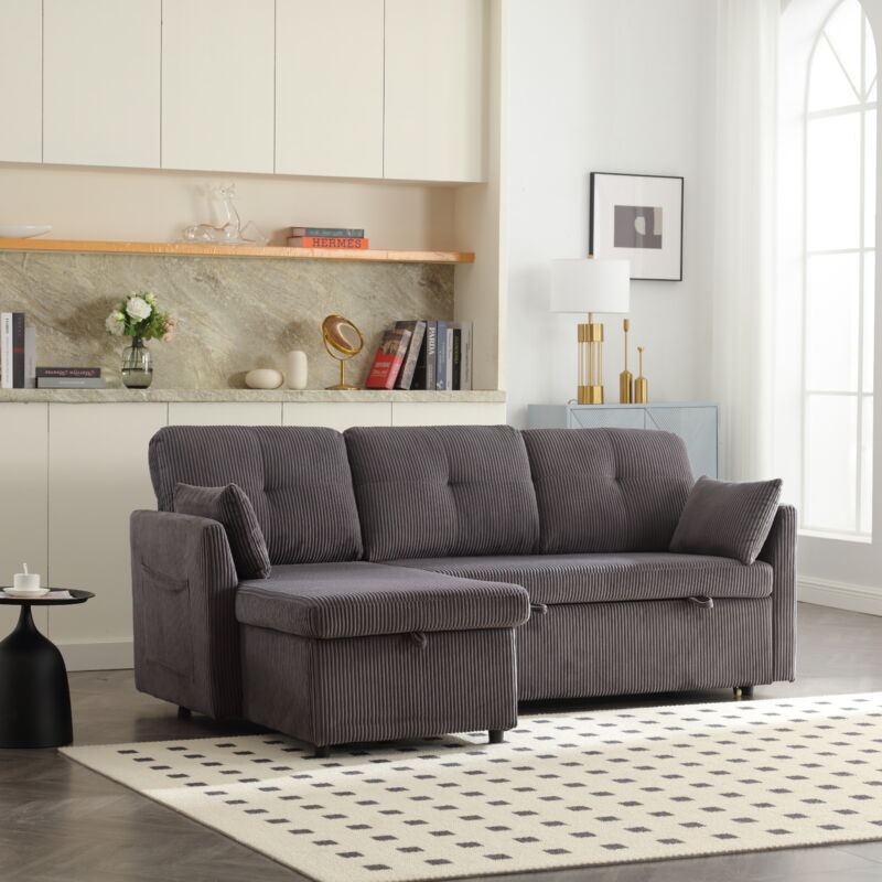 foto del prodotto divano angolare modulabile in l, divano letto multifunzione con deposito, salotti, velluto, grigio scuro.