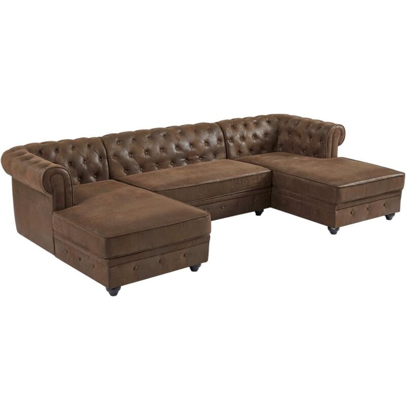 foto del prodotto divano angolare panoramico in microfibra aspetto pelle invecchiata - chesterfield