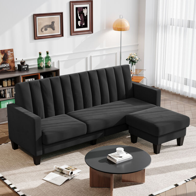 foto del prodotto divano angolare reversibile a 3 posti in velluto, divano scandinavo con poggiapiedi rimovibile per soggiorno, 208 x 140 x 85 cm, nero