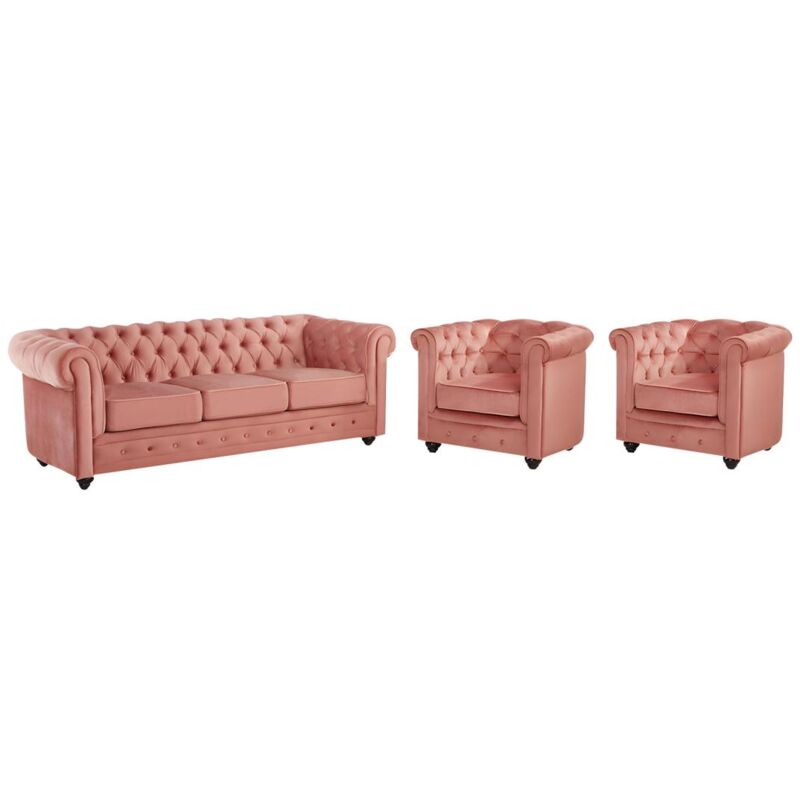 foto del prodotto divano chesterfield 3 posti e 2 poltrone in velluto rosa cipria