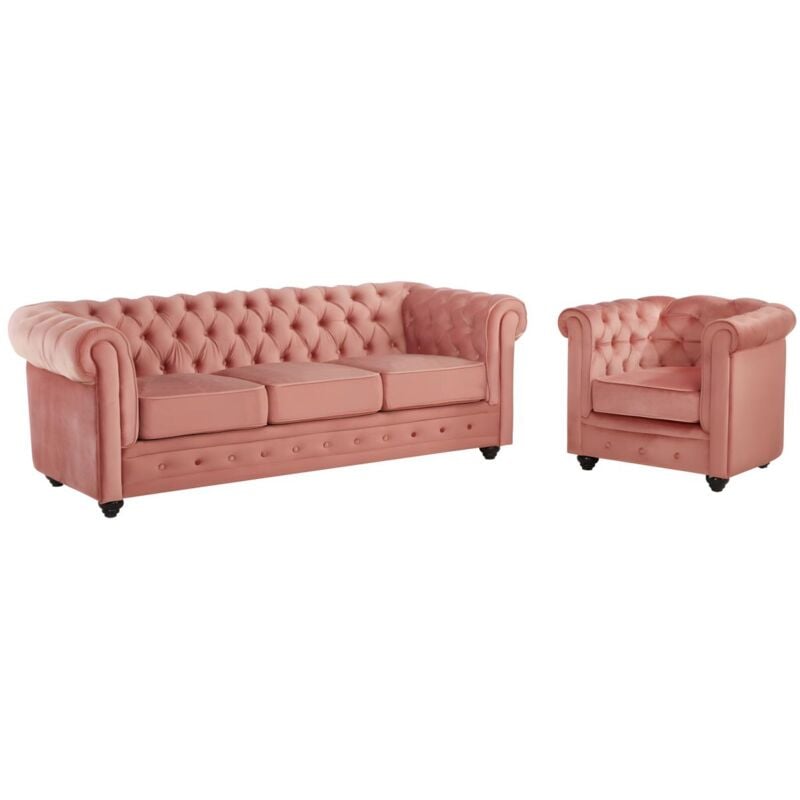 foto del prodotto divano chesterfield 3 posti e poltrona in velluto rosa cipria