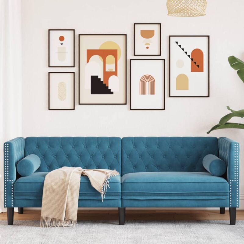 foto del prodotto divano chesterfield con rinforzi 3 posti blu in velluto vidaxl