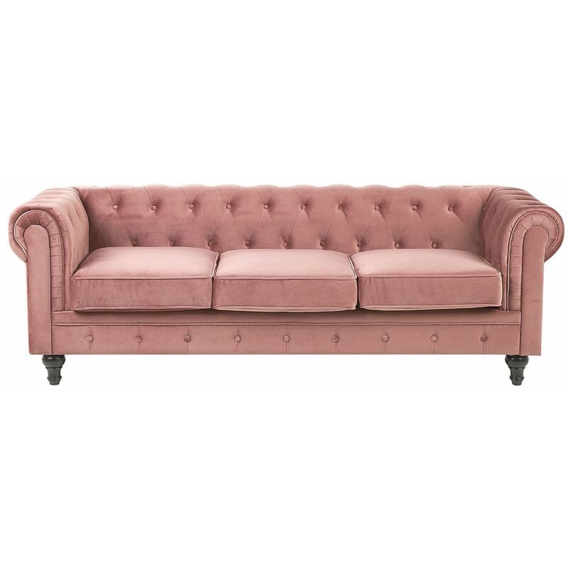 foto del prodotto divano chesterfield tessuto velluto rosa rivestimento gambe nere 3 posti