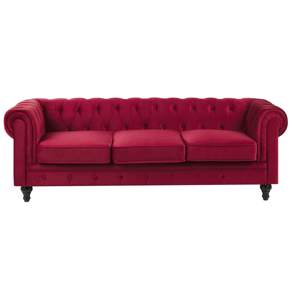 foto del prodotto divano chesterfield tessuto velluto rosso scuro rivestimento gambe nere 3 posti