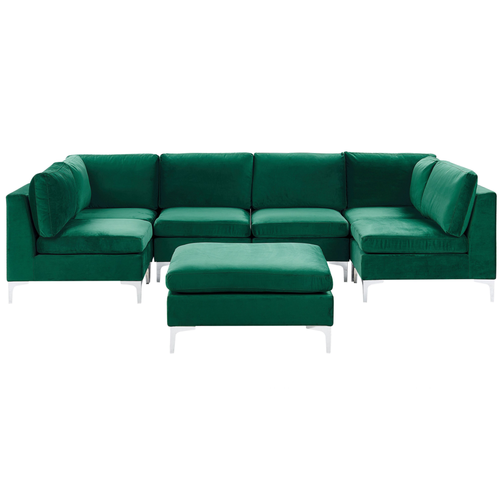foto del prodotto divano componibile in velluto verde a forma di u a 6 posti con gambe in metallo argento ottomana stile glamour