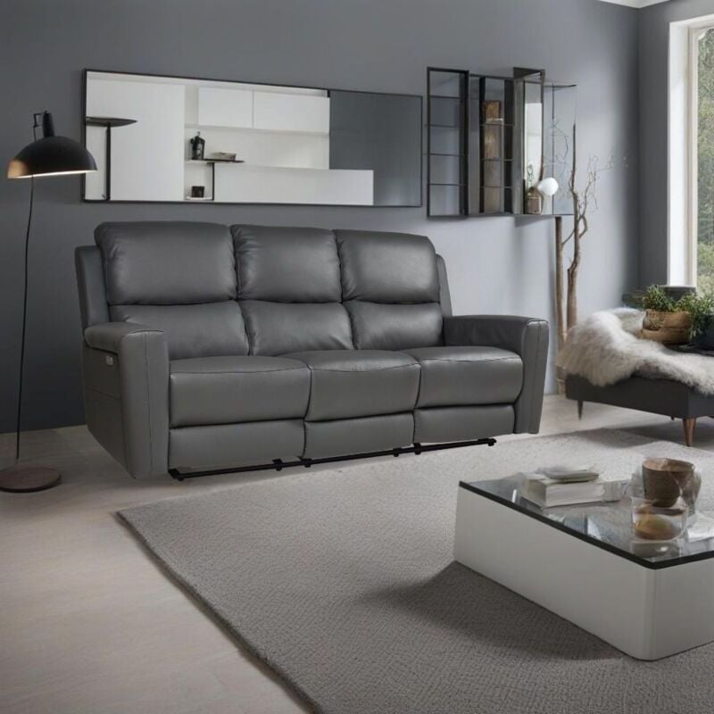 foto del prodotto divano con recliner elettrici 3 posti in vera pelle grigio scuro claus