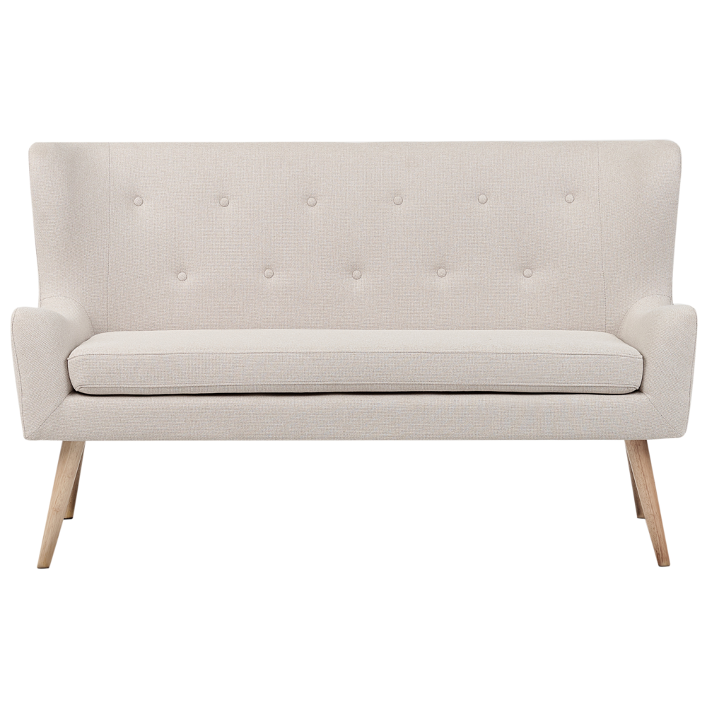 foto del prodotto divano da cucina in tessuto poliestere beige chiaro con rivestimento a 2 posti wingback con gambe in legno chiaro.
