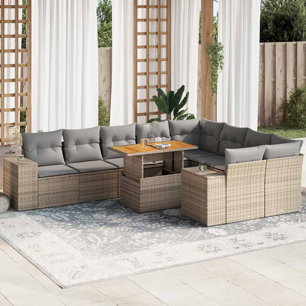 foto del prodotto divano da giardino 10 pz con cuscini beige in polyrattan acacia