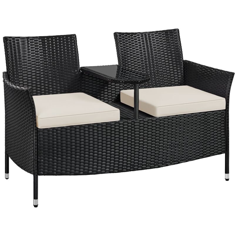 foto del prodotto divano da giardino 2 posti in rattan pe, poltrona con portabicchieri in vetro temperato per giardino bordo piscina cortile terrazza nero beige
