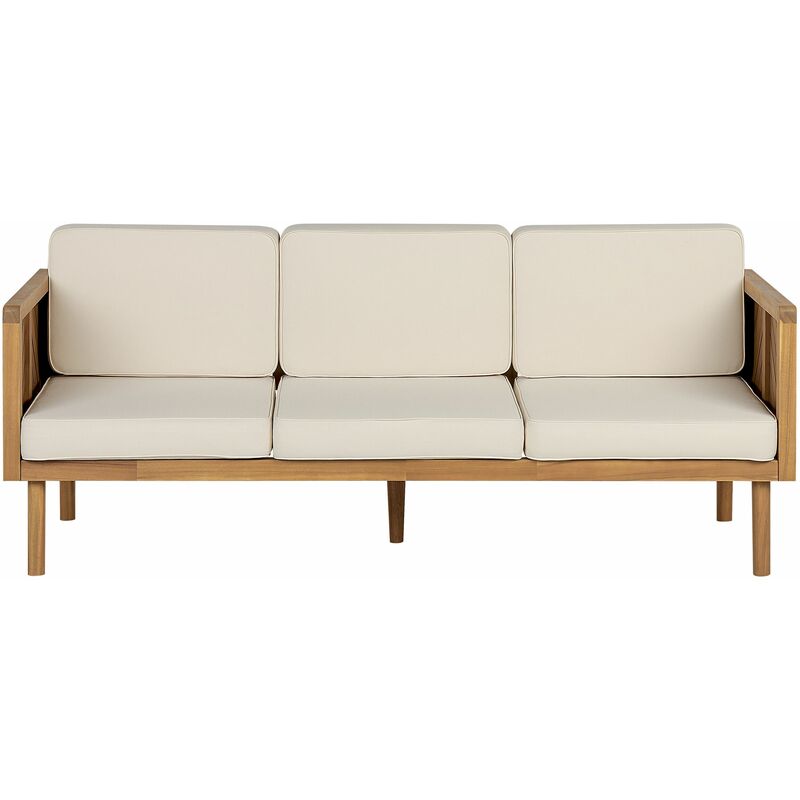 foto del prodotto divano da giardino 3 posti legno di acacia con cuscini beige chiaro terrazza balcone baratti