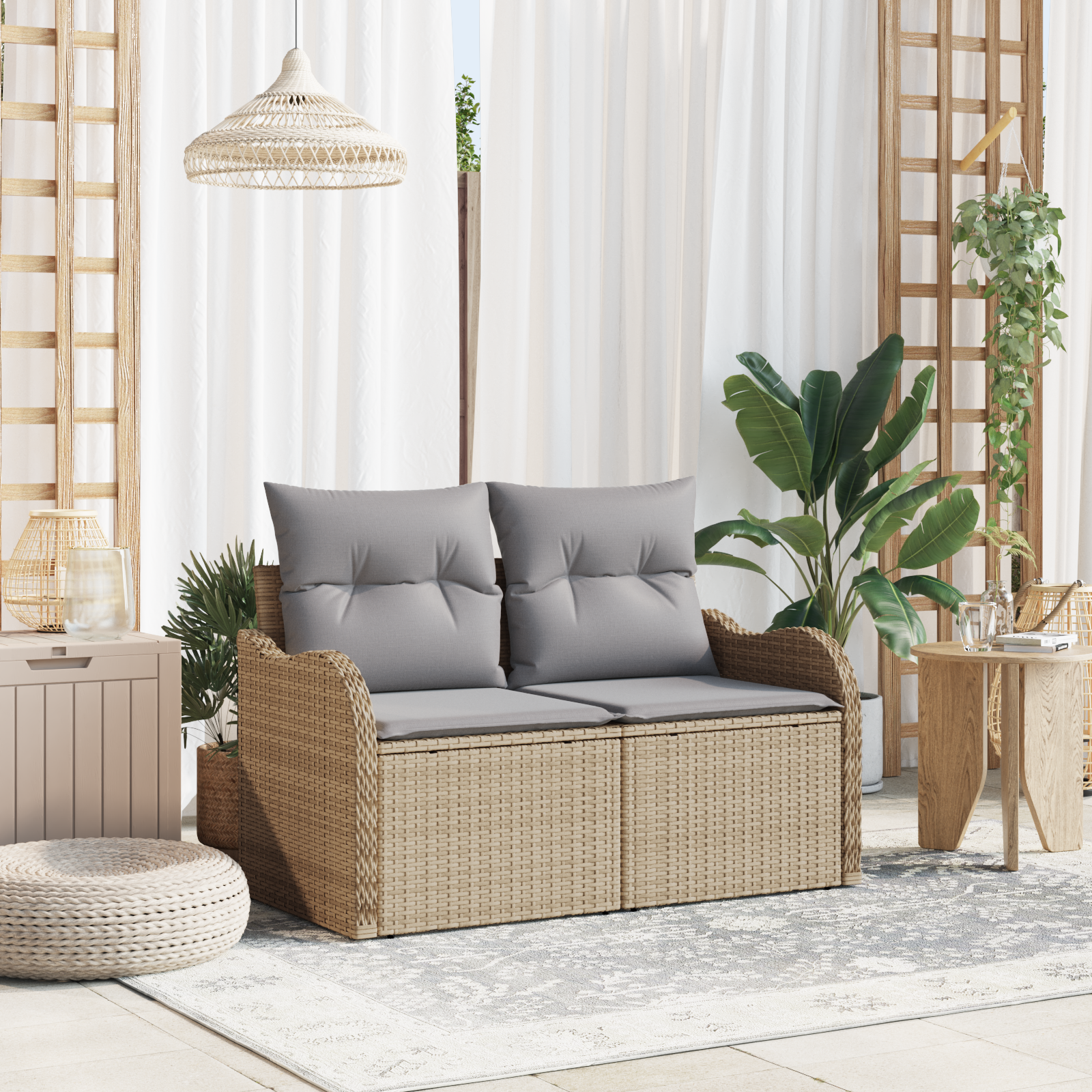 foto del prodotto divano da giardino a 2 posti con contenitore e cuscini beige in polyrattan