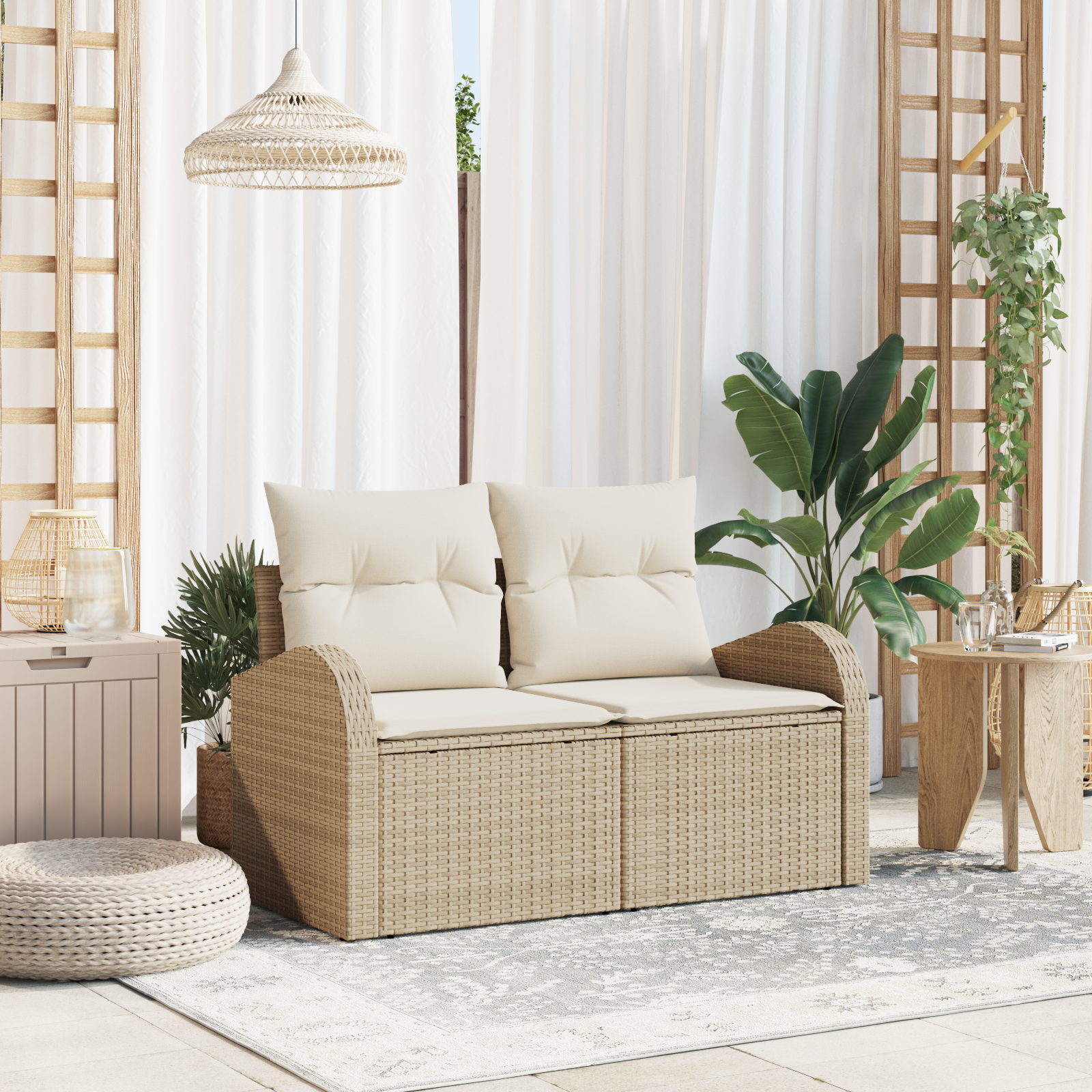 foto del prodotto divano da giardino a 2 posti con cuscini in polyrattan beige