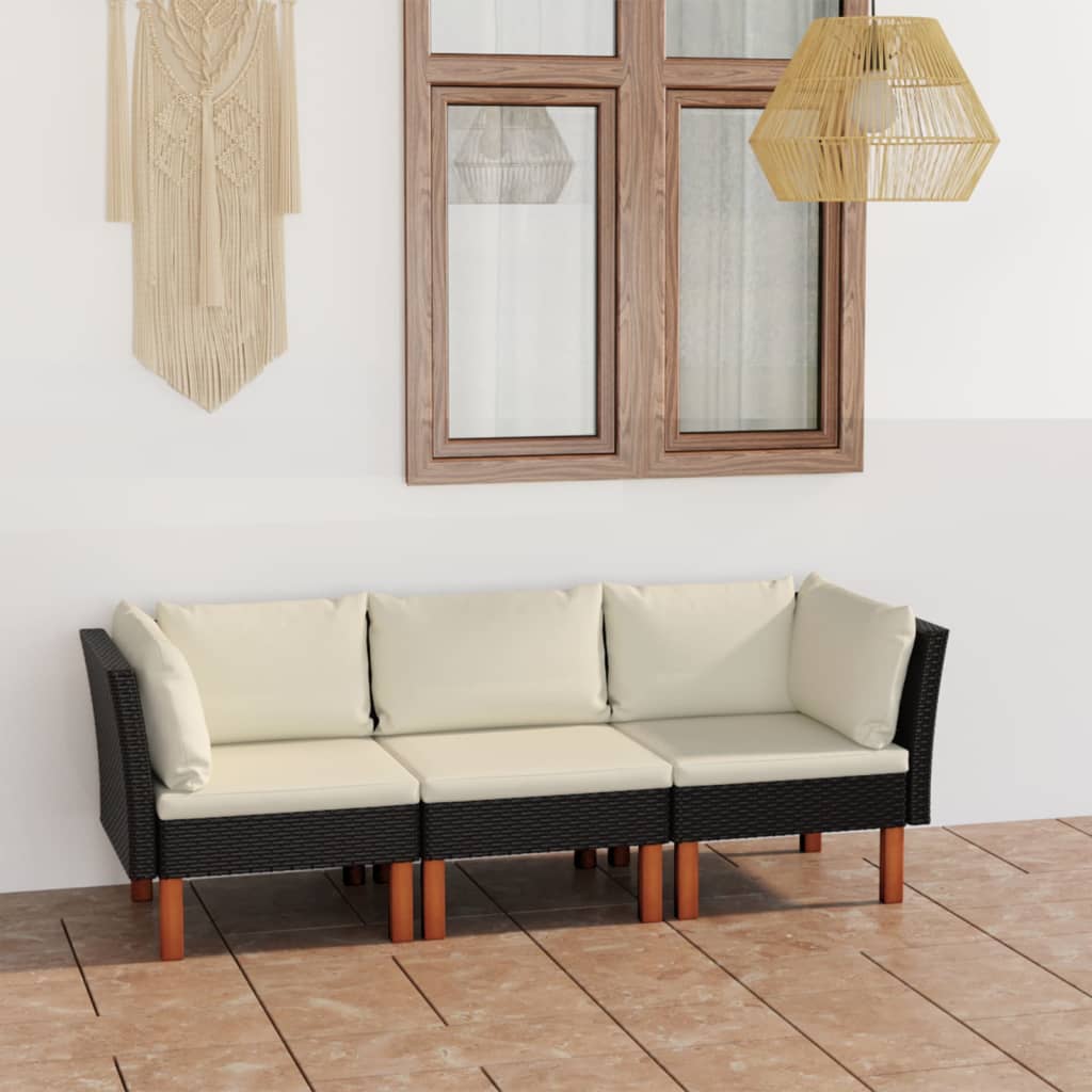 foto del prodotto divano da giardino a 3 posti con cuscini nero in polyrattan cod mxl 39337