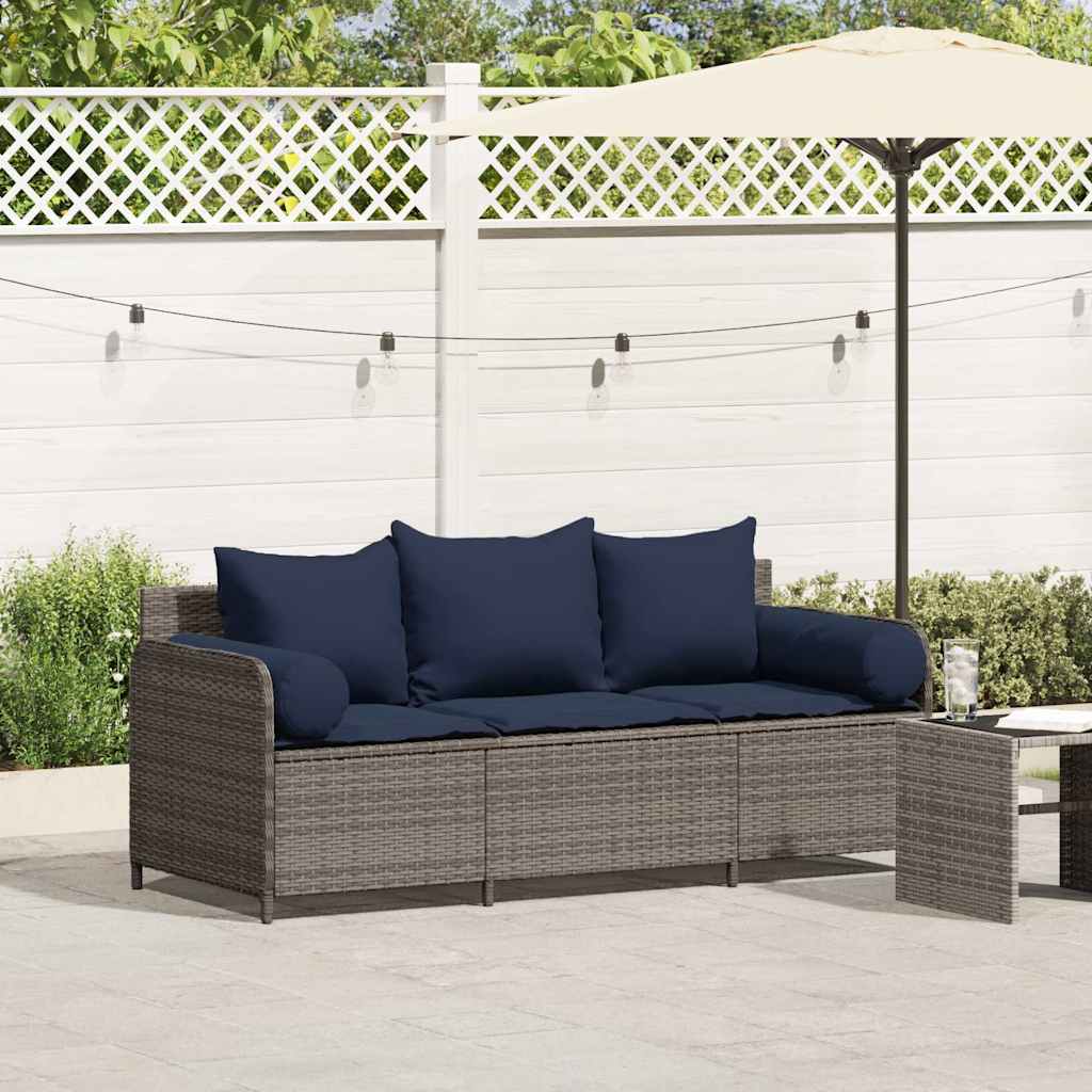 foto del prodotto divano da giardino con cuscini 3 posti grigio in polyrattan
