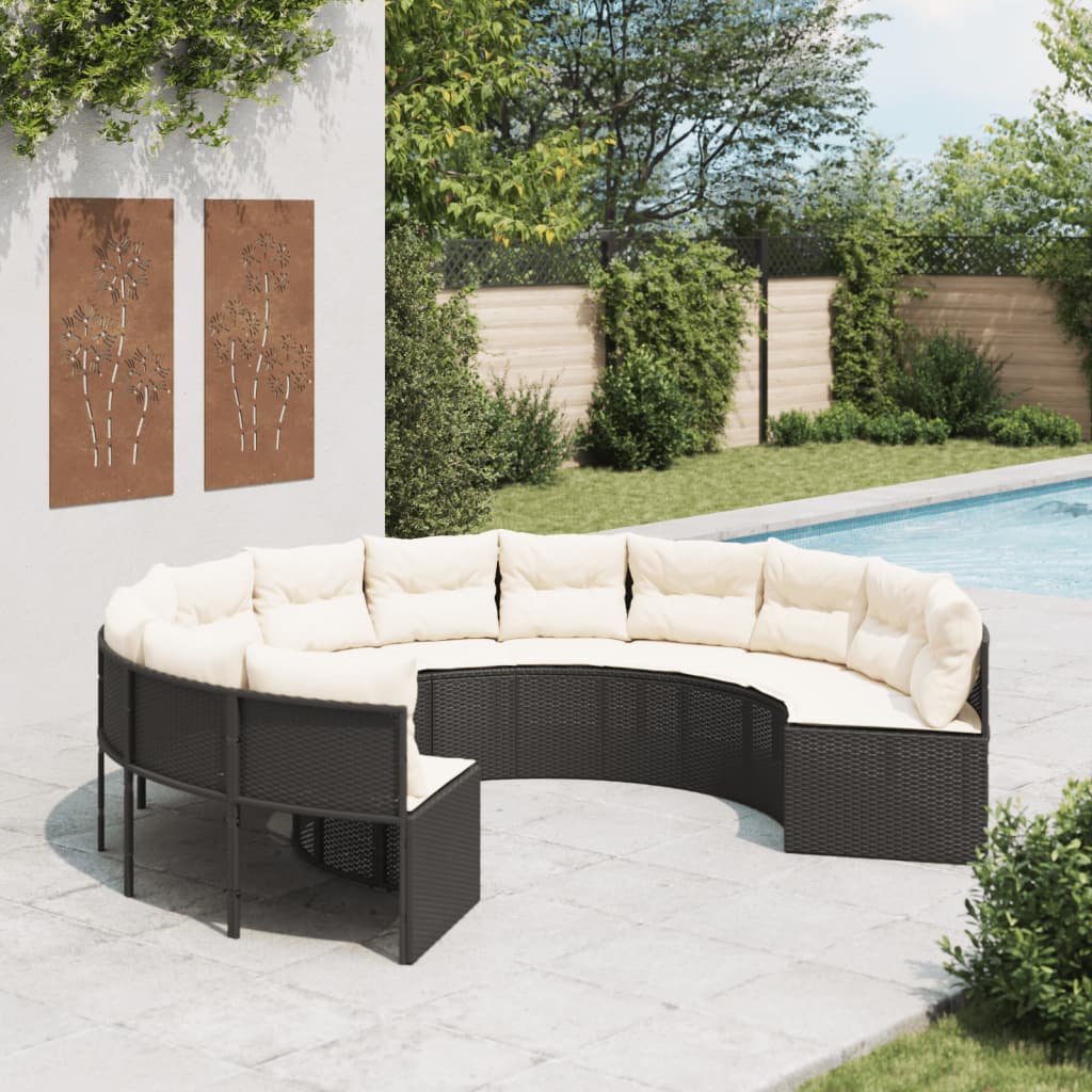 foto del prodotto divano da giardino con cuscini circolare nero in polyrattan
